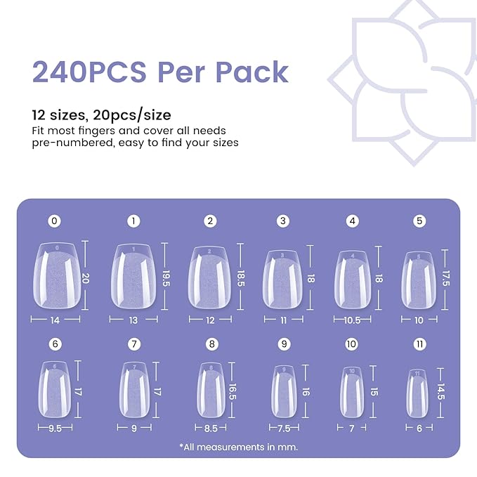 Extra Short Coffin Nail Tips: 240PCS Clear Gel Short Coffin Nails Tips, 12Sizes Full Cover Acrylic Pre-shaped Press on Fake Nail Tips for Nail Extension Home DIY Manicure