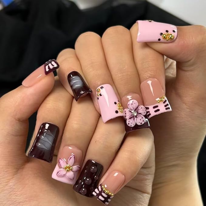 Press On Nails, 10 Pcs Handmade French Purple Duckbill Fake Nails, Reusable Artificial Duckbill False Nails for Women 3D Acrylic Nails Kit (Size S)