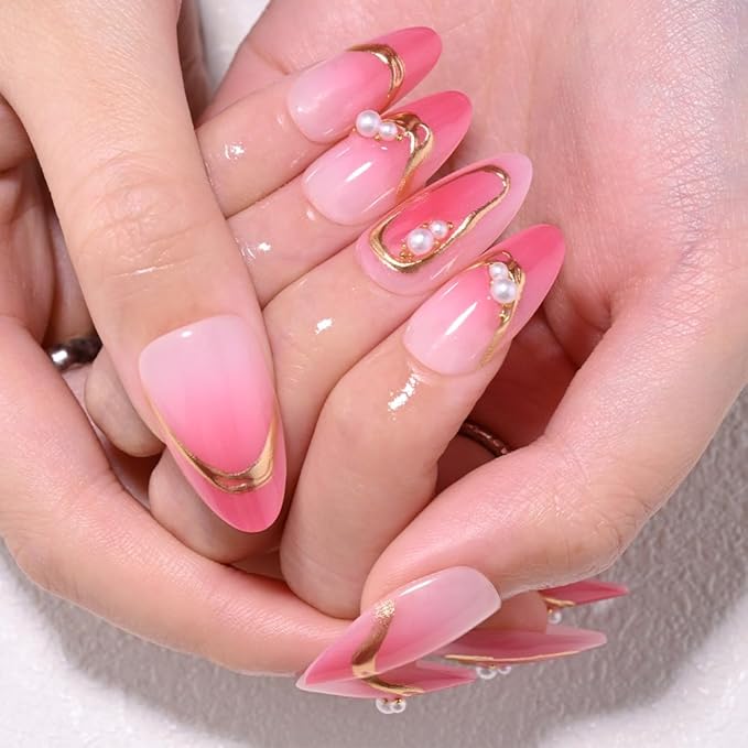 evpct Ombre Peach Pink Press on Nails Short Almond with 3D Pearl Gold Line, Pink French Tip Stick on Nail for Women, Reusable Full Cover Soft Press on Fake Nail with Ombre Design Perfectly Fit