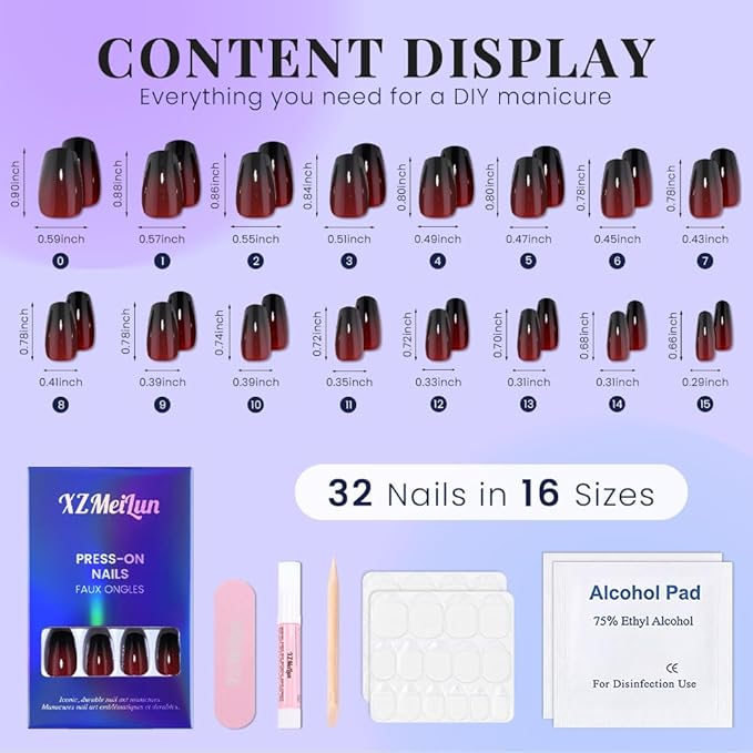 Black Dark Red Ombre Glossy Press on Nails Coffin Acrylic Fake Nails Stylish Design, Natural Reusable Nails Kit for Women DIY False Nail Art Decoration Gift, Salon Quality Reusable 15/30 Pcs