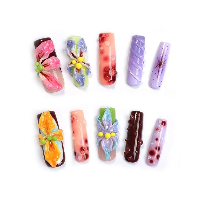 Handmade Press-on Nails Long Square Fake Nails Multicolor 3D Flowers Droplet Colorful False Nails Design Stick on Nails Muti-Layer Gel Flower Press Nails French Tip Acrylic Nail for Women Nails (S)