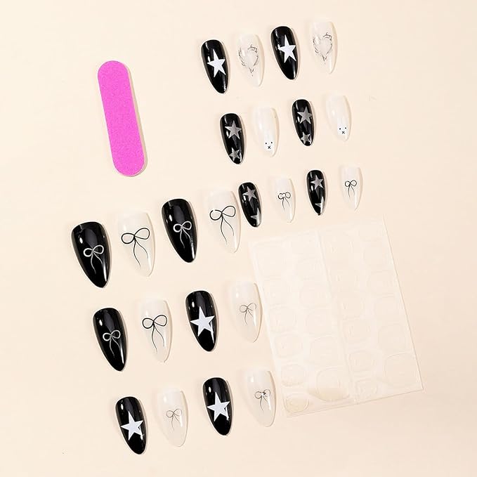 Press On Nails Medium Almond Fake Nails Full Cover White Black False Nails with Silver Stars Bow Designs Y2K Press On Nails Rhinestones Glossy Acrylic Artificial Nails for Women Girls