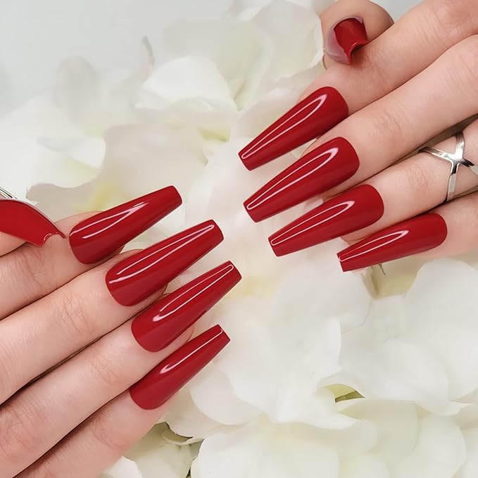 Hypnaughty 24 Pcs Passion Red Gloss Extra Long Press On Nails and Glue XL Reusable Solid Color Crimson Red False Nails (Passion)