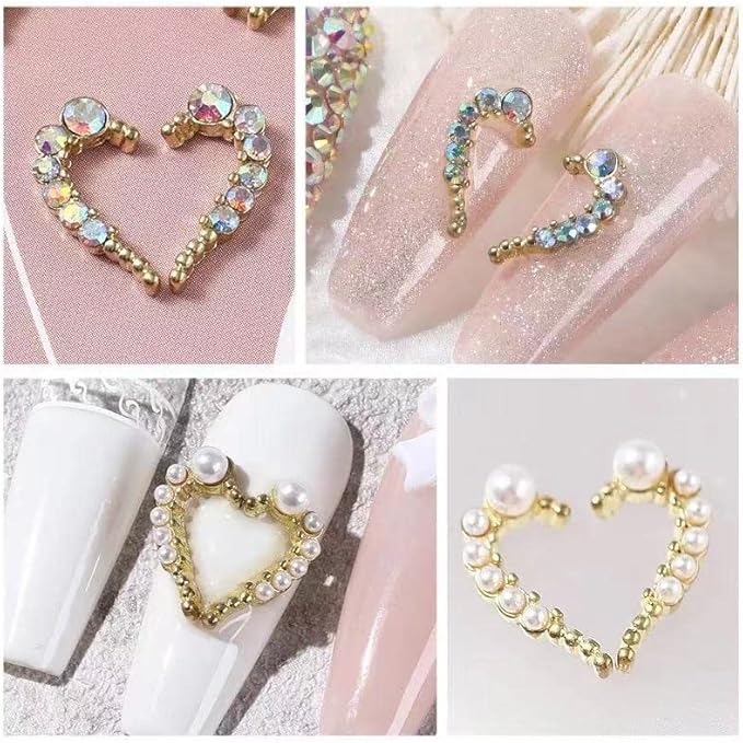 30 Pcs Heart Nail Art Charms,Gold Half Heart Shaped Nail Charms 3D with Rhinestones & Pearls,Symmetrical Heart Nail Jewelry White Gold