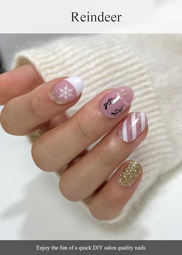 Semi Cured Gel Nail Strips (Reindeer), Christmas Gold Glitter, 20 Pcs Gel Nail Wraps, Stickers, Snowflake, Long Lasting, Works with Any UV Lamps