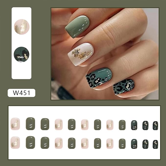 Green Press on Nails Short Square Fake Nails with Design Leopard Print Gold Foil Glue on Nails Full Cover Glossy Acrylic Stick on Nails Cute Artificial False Nails for Women Nail Art Decoration 24Pcs