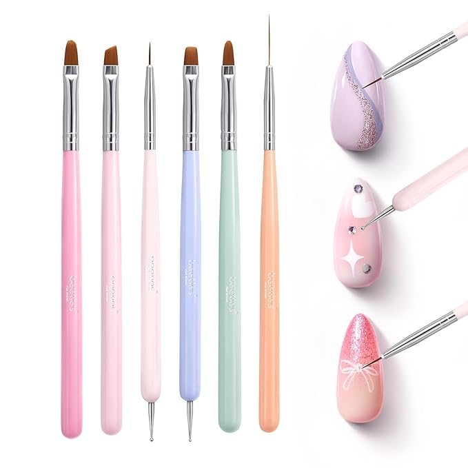 Beetles Gel Polish Nail Art Brushes, 6 Pcs Fingernail Art Design Pens, Dotting Pen Clean Up Liner French Nail Brush Set, Wood Alloy Handle, DIY Manicure Tools Gift for Women