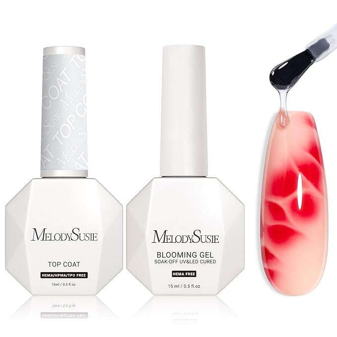 MelodySusie Hema Free Blooming Gel and Top Coat Set HEMA, HPMA, TPO Free for Nail Design 0.5 Fl Oz Marble Watercolor UV Nail Polish Spreading Effect Nail Salon Manicure at Home 2PCS
