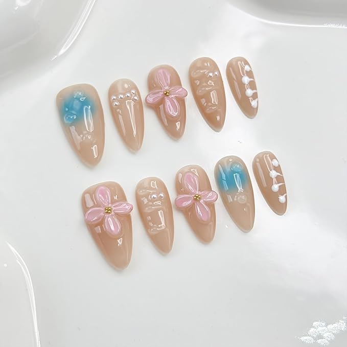 Handmade Press on Nails Medium Almond Thick Nails Nude Fake Nails with Glue,3D Pink Flower Art False Nails with Design Reusable Acrylic Nature Stick on Nail for Wome (Size S)