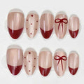 Short Press on Nails Almond Fake Nails with French Bow Dot Designs Cat Eye Nails Press ons Nude Pink False Nails Artificial Christmas Acrylic Nail for Women Girls 24 Pcs