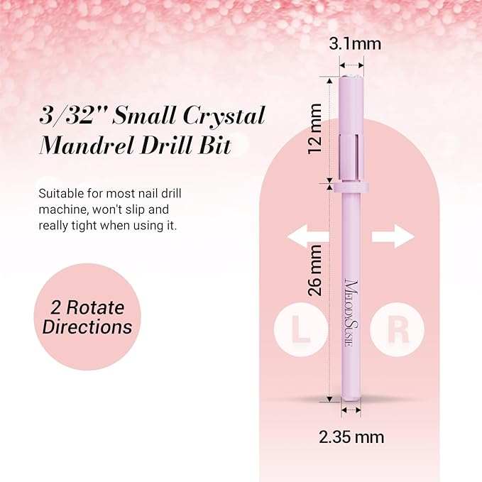 MelodySusie Small Crystal Top 3.1mm Mandrel Bit for Nails, 3/32'' Easy Off Nail Drill Bits for Sanding Bands, Suitable for Acrylic Nails Gel Manicures and Pedicures, Rose Pink