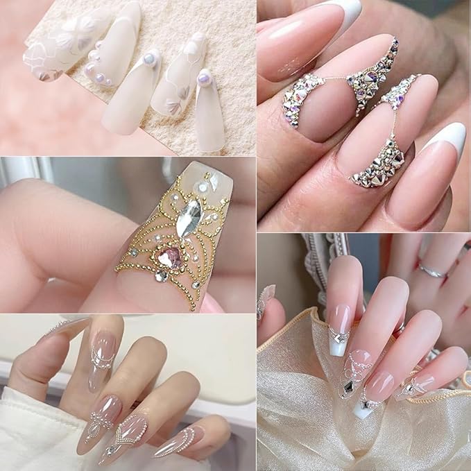 Flatback Pearls Nail Gems with Pickup Pencil and Tweezers, White & White AB Pearls Nail Charms Face gems, Half Round Pearls for Nail Art Face Makeup and Manicure Decor, Rhinestones for Nail