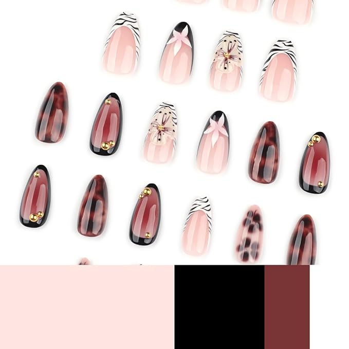 Fall Winter Press on Nails Medium Almond Fake Nails Brown Nails Press ons with Tortoise,Zebra Print,Flower Design,Full Cover Stick on Nail for Women Manicure,Reusable | Artificial | Easy Apply | 24Pcs