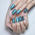 Cat Eye Teal Green Press On Nails Medium Long Length Square, Designer Reusable Acrylic Fake Nail with 24 ps, Glossy Gel Nails Wedding Party, Stick On Glue On Nail, Nails Press Ons for Women