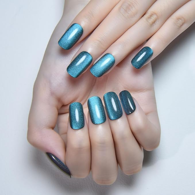 Cat Eye Teal Green Press On Nails Medium Long Length Square, Designer Reusable Acrylic Fake Nail with 24 ps, Glossy Gel Nails Wedding Party, Stick On Glue On Nail, Nails Press Ons for Women