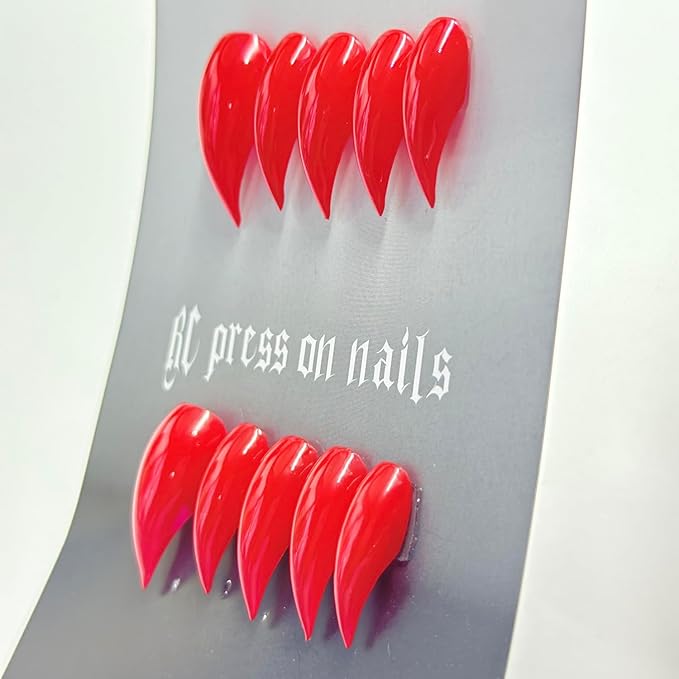 10 Pcs Christmas Press on Nails RIICFDD Red Fake Nails Curved Stiletto Eagle Claw False Nails Muti-Layer Gel Handmade Nail Cat Claw Stick on Nail for Women New Year Nail (S)