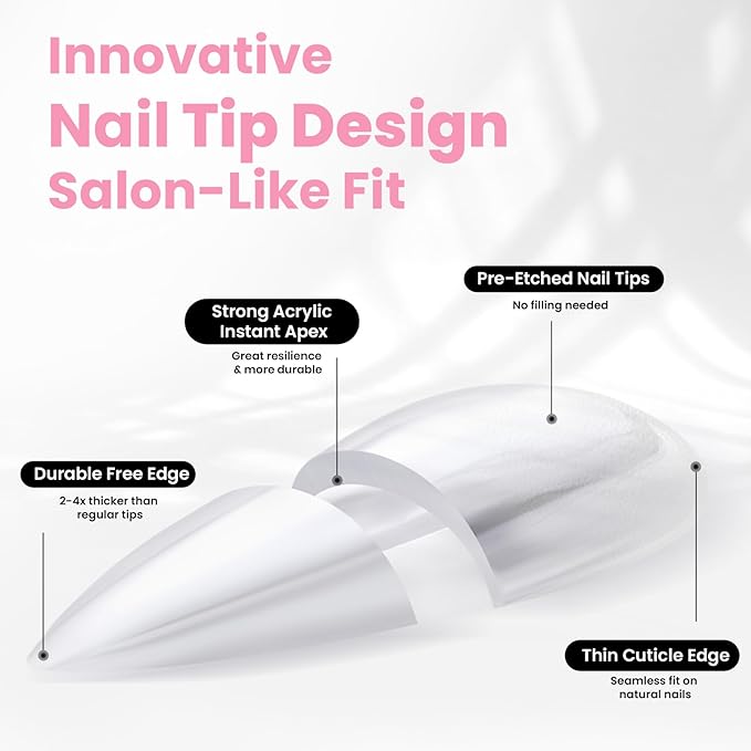 Beetles Tipex Instant Apex Nail Tips Kit – Stiletto Medium, Pre-Building Pre-Etched Thick Acrylic Tips with Tipex Nail Glue, Dehydrator, Primer, Base & Top Coat, Mini UV Lamp 224PCS in 16 Sizes