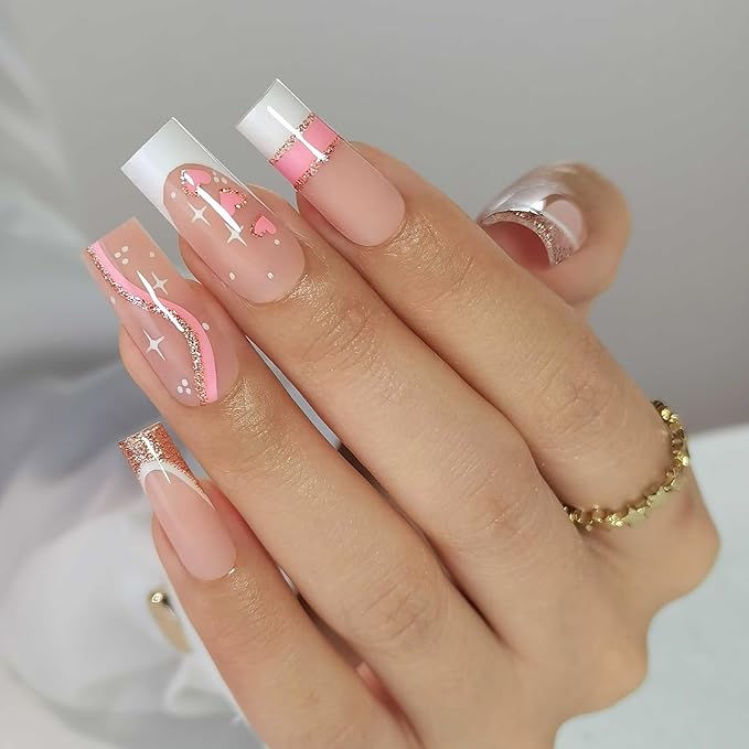 Curvlife Tip Press on Nails Acrylic Fake Nails with Design Full Cover False Nails for Women Reusable Nail Kit with Nail Glue Adhesive Tabs Nail File (Love French style, Long)
