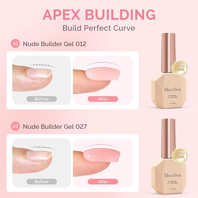 MelodySusie 2PCS 15ML Gray Pink and Pink Builder Gel Set for Nails Thickening, Soak Off UV Extension Gel Rhinestone Glue in a Bottle for Nail Art Design Gift for Women DIY Manicure at Home 012+027