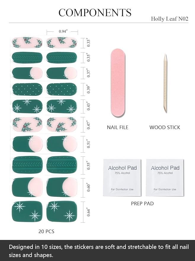 Semi Cured Gel Nail Strips (Holly Leaf N02), Christmas Green, 20 Pcs Gel Nail Wraps, Stickers, Snowflake, Wheat Ear, Works with Any UV Lamps