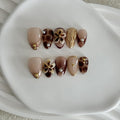 Handmade Press on Nails Almond, Brown Acrylic Nails Medium, 3D Flower and French Tip Amber Gold Chrome For Women Gift, Handmade Reusable Stick on Nails Kit With Nail Glue (Size S)