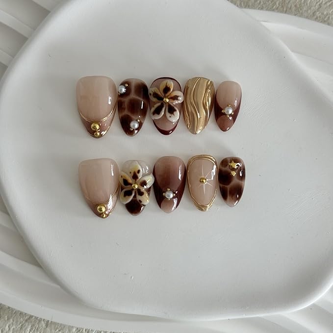 Handmade Press on Nails Almond, Brown Acrylic Nails Medium, 3D Flower and French Tip Amber Gold Chrome For Women Gift, Handmade Reusable Stick on Nails Kit With Nail Glue (Size M)