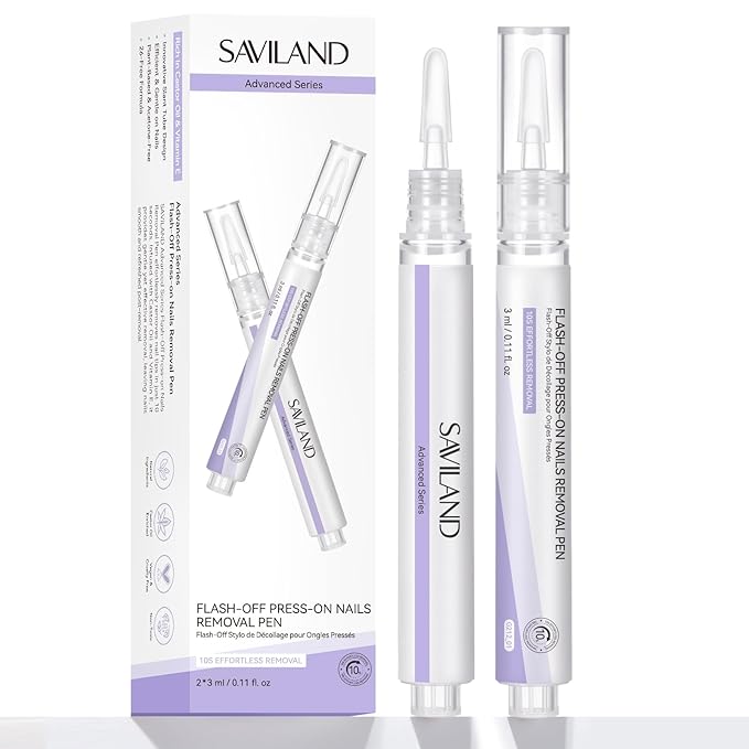 SAVILAND Solid Nail Glue Remover Pen: 10s Quick Removal Nail Glue Remover for Press on Nails with Vitamin E Castor Oil 2 Pcs Acetone-free Alcohol Free Click & Remove for Fake Nails Tips