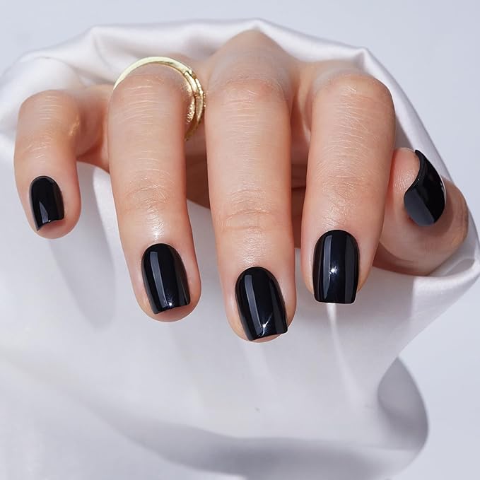 Press On Nails - Findigit Short Square Black False Stick Glue On Nails, Reusable Stick On Fake Nails with Glue Salon Quality 16 Sizes - 32 Nail Kits, Black Swan