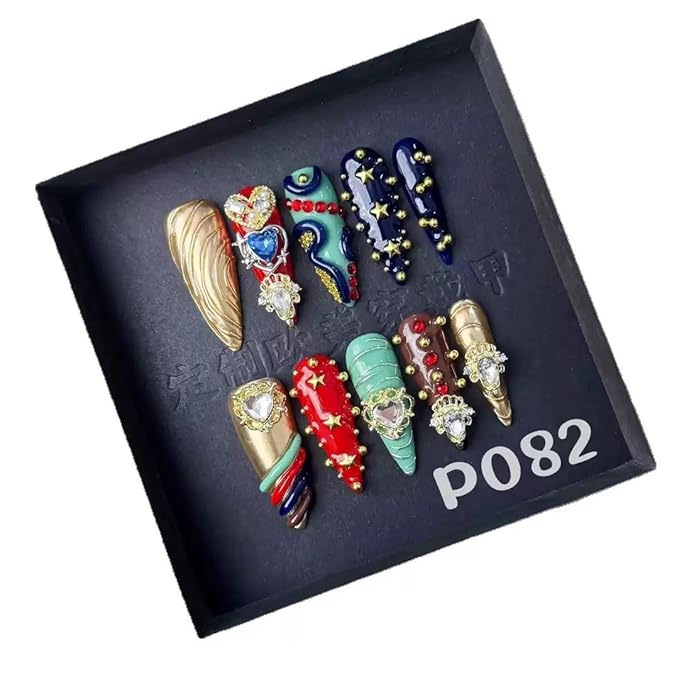 Gorgeous Press On Nails Handmade Long Stiletto Fake Nails with Heart Charms Design Colorful Rhinestone Glue on Nails Acrylic Handmade Nails Reusable Full Cover for Women Girls Size M 10Pcs