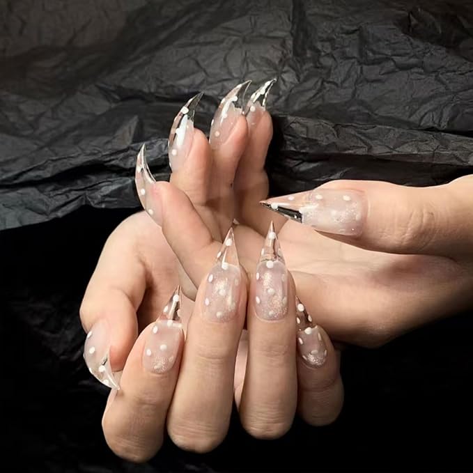 10 Pcs Handmade Press on Nails Curved Short Eagle Claw Fake Nails with Dot Designs Transparent Luxury Dragon Claw False Nails with Glue,Full Cover Acrylic Artificial Glue on Nail for Women(S)