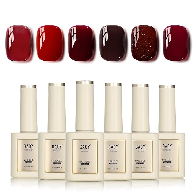 GAOY 16ml 6 Colors Red Gel Nail Polish Set, Bright Burgundy Crimson Glitter, Soak Off UV Light Cure Gel Polish for Salon and Nail Art DIY at Home, Red Onyx