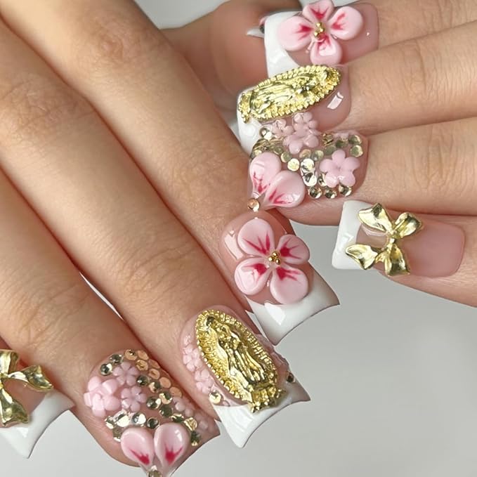 Press On Nails Handmade Short Duckbill Nails, Glossy Art Designs Reusable Acrylic Artificial Stick On Nails, 10 Pcs False Nails Set (Size S)