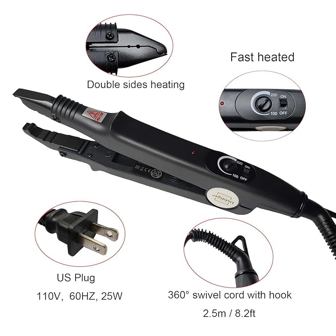 Professional Hair Extension Iron Fast Heat-up Fusion Connector Bonding Tool for Salon Adjustable Temperature Control U Tip Human Hair Extensions Keratin Glue Black