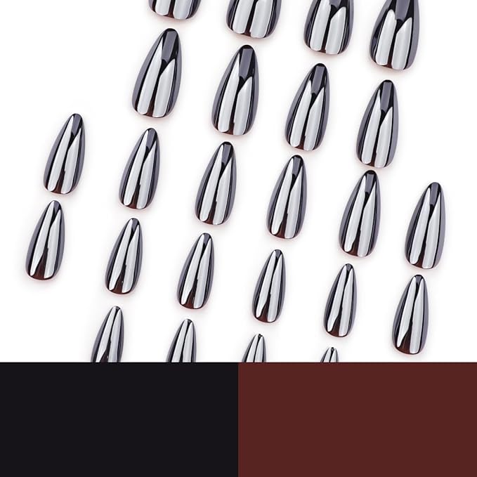 Black Chrome Press on Nails Almond Fake Nails Medium False Nails Press ons with Design Reusable Artificial Nail Full Cover Glossy Glue on Nail Stick on Nails for Women Halloween Manicure 24 Pcs