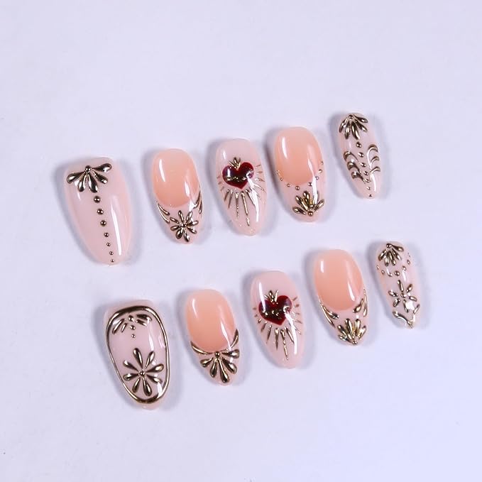 Press On Nails - Short Almond Handmade Unique Fake Nails, Artistic Design, Thick Acrylic and Muti-Layer Gel False Nails, Reusable Gel durable Oval 3D Fake Nails (Size M)