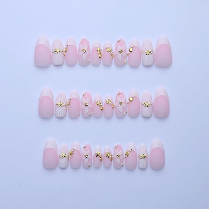 Press on Nails Medium Almond Fake Nails White French Artificial Nail with Stars and Pearl Charm Stick on Nail for Women 24pcs