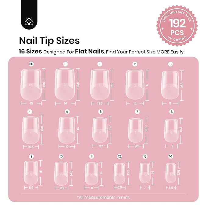 Beetles Tipex Instant Apex Nail Tips,Extra Short Squoval 192Pcs 16 Sizes Pre-Building & Pre-Etched Strong Thick Half Matte Acrylic Nail Tips Full Cover Press on Nails