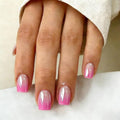 Chrome Ombre Hot Pink Press on Nails Short Square, Glazed Cute Fake Nails with Sparkle Mirror Design, Shiny Glitter Glue on Nails Short, Gradient Nude Fushia Gel Nail Press ons with Glue 30 Pcs