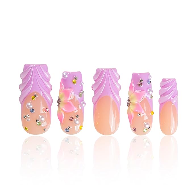 LOVFUL Short French Tip Press on Nails Floral Dream | Handmade Acrylic Press ons | Reusable Fake False Nails | Square Classic Regular 1.3in | H634-S