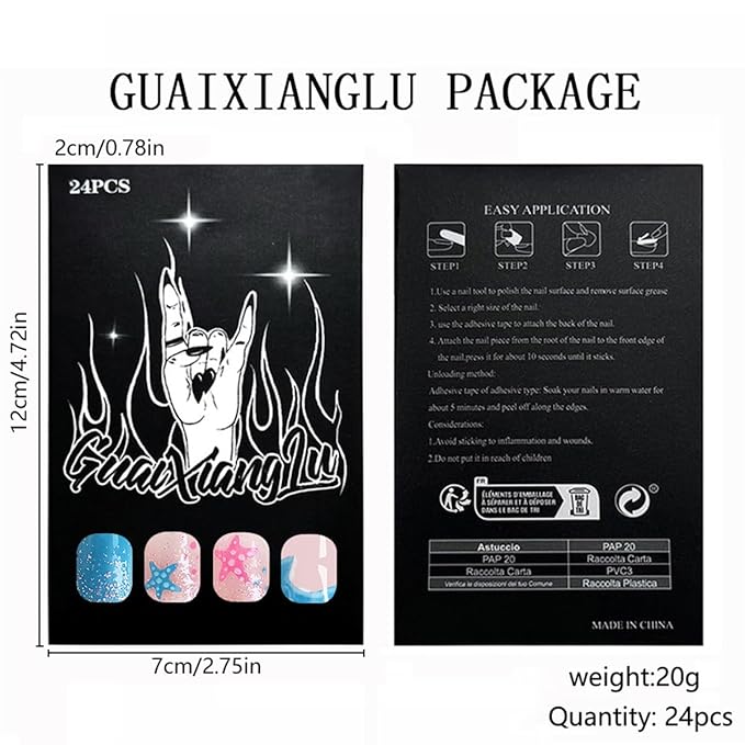 Short Square Press on Nails Summer Fake Nails Cute Blue Nails Press ons with Beach Vibes Sea Starfish Designs Full Cover Glue on Nail Stick on Nails for Women Manicure 24Pcs