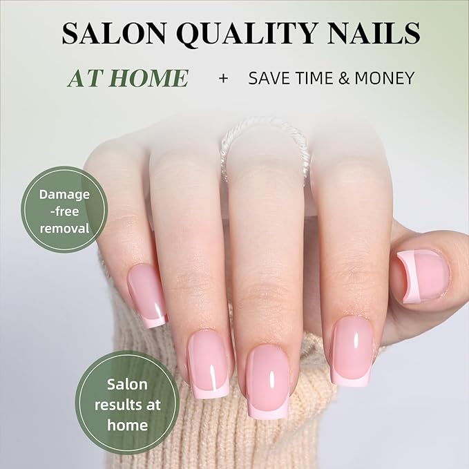 Pink French Tip Press On Nails - Pink Short Almond Fake Nails, French Tip Press On Nails Reusable Stick On Nails in 16 Sizes, 32pcs False Nail Kit for Women & Girls