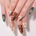evpct Nude Pink Press on Nails Short Almond with Green Nails, Sexy Brown French Tip Stick on Nail for Women, Reusable Full Cover Soft Press on Fake Nail with 3D Gold Line Design Perfectly Fit