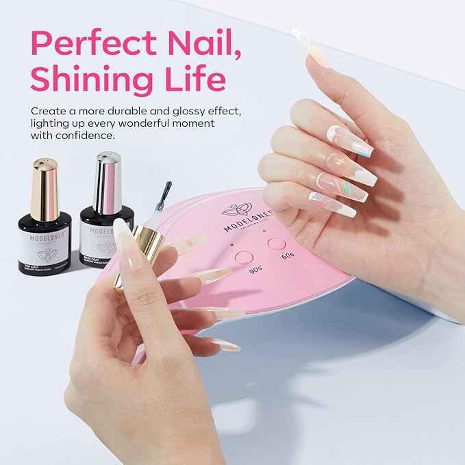 modelones Gel UV LED Nail Lamp with UV Gloves and Gel Top Coat and Base Coat, 2Pcs 10ml Gel Nail Polish No Wipe Top Coat Set, Glossy Shine Long Lasting LED Soak Off For Home DIY and Nail Salon
