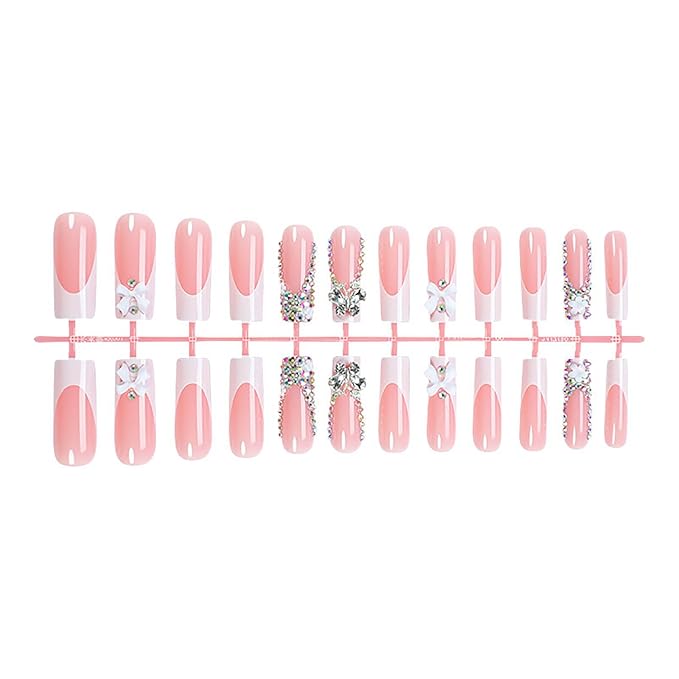 24Pcs Press on Nails Long Square Xl Fake Nails Pink Full Cover Acrylic Nails with Charm Designs False Nails Press Ons Rhinestones Glue on Nail for Women and Girls (White French Rhinestones)