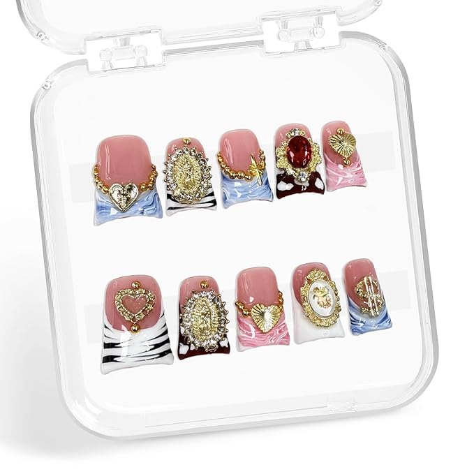 Handmade Press on Nails Kit Heart Fake Nail with Luxury 3D Rhinestone Designs Gradient French Tip Muti-Layer Gel Acrylic Nails Short Square False Nails Golden Embossed Stick on Nail for Women (Size S)