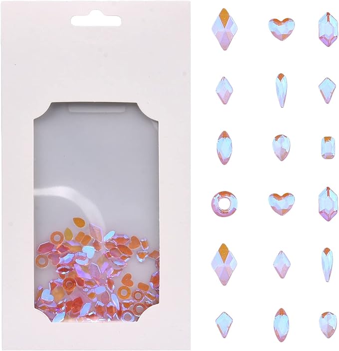 100pcs Pink Aurora Nail Rhinestones 10 Shapes Mix Flatback Heart Circle Gems for Nail Art 3D Design Manicure Beauty Crystals Accessory Supplies