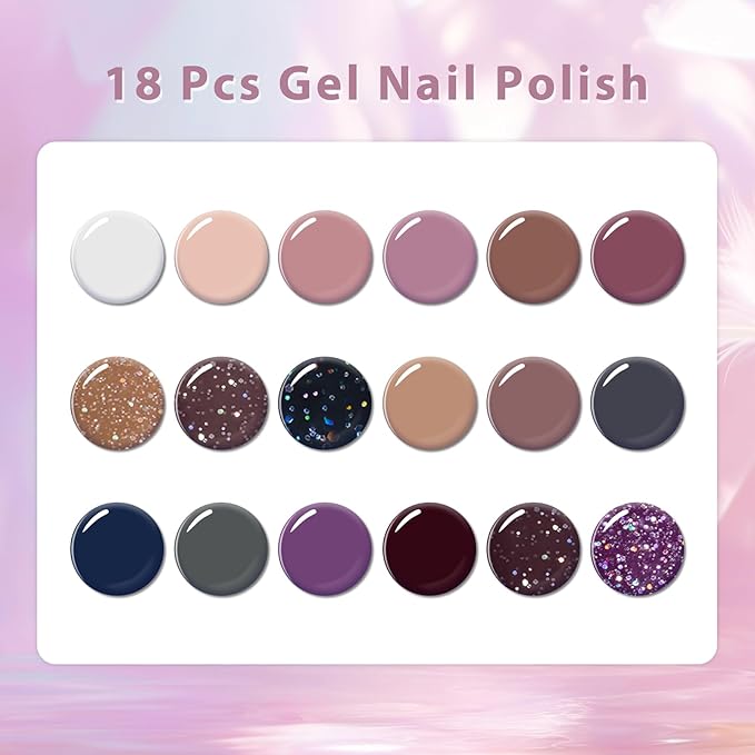 Gel Nail Polish Kit- Long Lasting 18 Trendy Colors Nail Polish, Quick Dry Soak Off UV/LED Lamp Gel for Home & Salon, Women & Teens