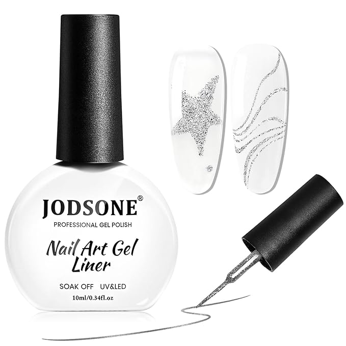 JODSONE Glitter Silver Swirl Nail Art Liner Gel Polish,10ml Classic Color 3D Nail Art Pens Effect Nail Print Design with Thin Brush for French Tips Manicure Painting DIY at Home - LX02