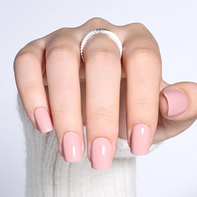 Nude Press on Nails - Short Square Nails Press ons for Women, Reusable Glossy Nude Pink Glue On Nails 30 Pcs 15 Sizes Fake Nails Kit with Glue, Blush Nude