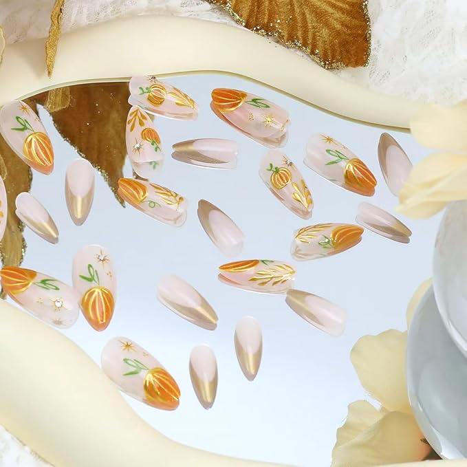 24Pcs Fall Press on Nails Medium Almond Fake Nails Gold French Tip False Nails with Gilding Pumpkin Star Gems Design Autumn Full Cover Artificial Glue on Nails Thanksgiving Stick on Nail for Women DIY